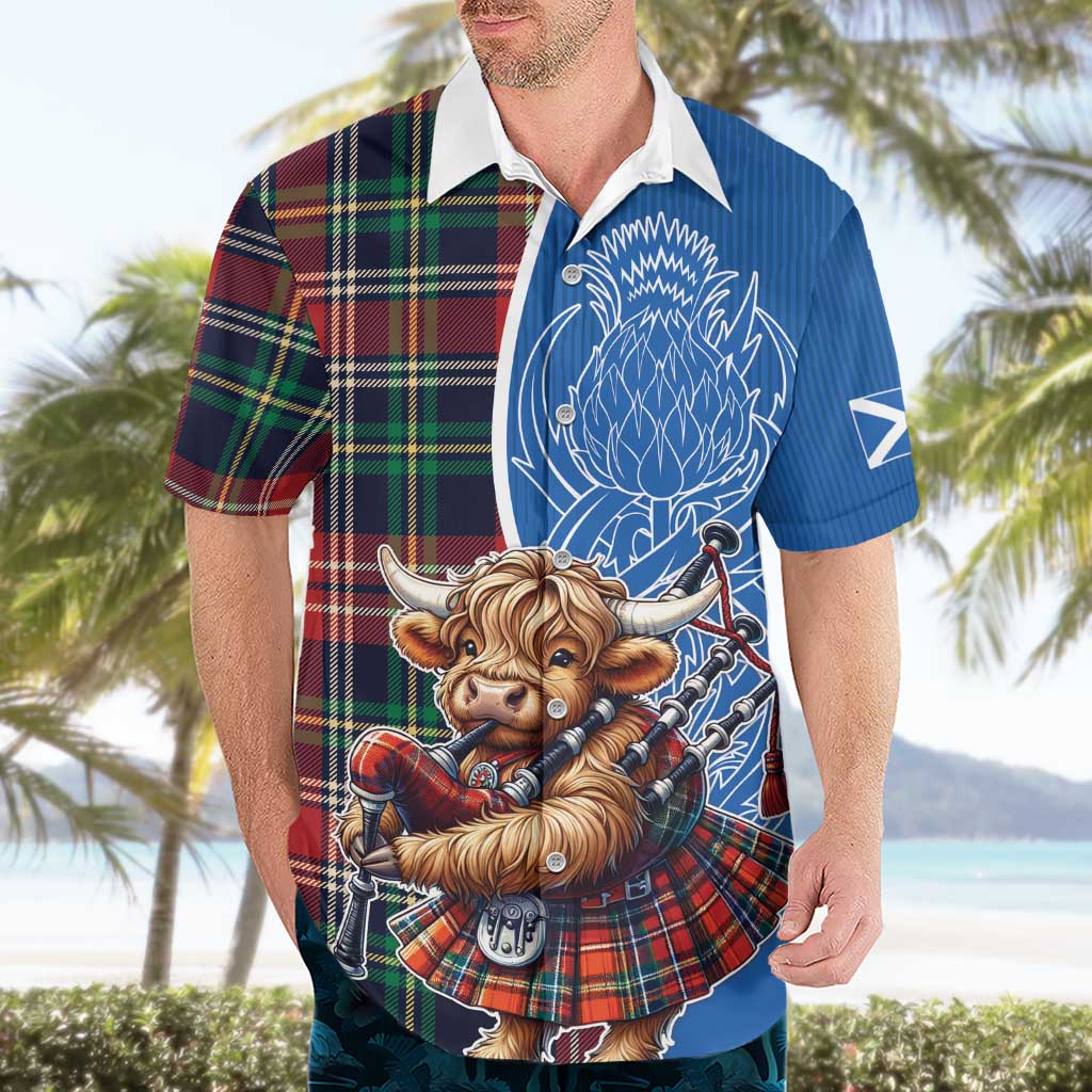 Scottish Tartan Hawaiian Shirt Highland Cow Playing Bagpipes