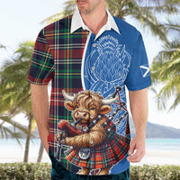 Scottish Tartan Hawaiian Shirt Highland Cow Playing Bagpipes
