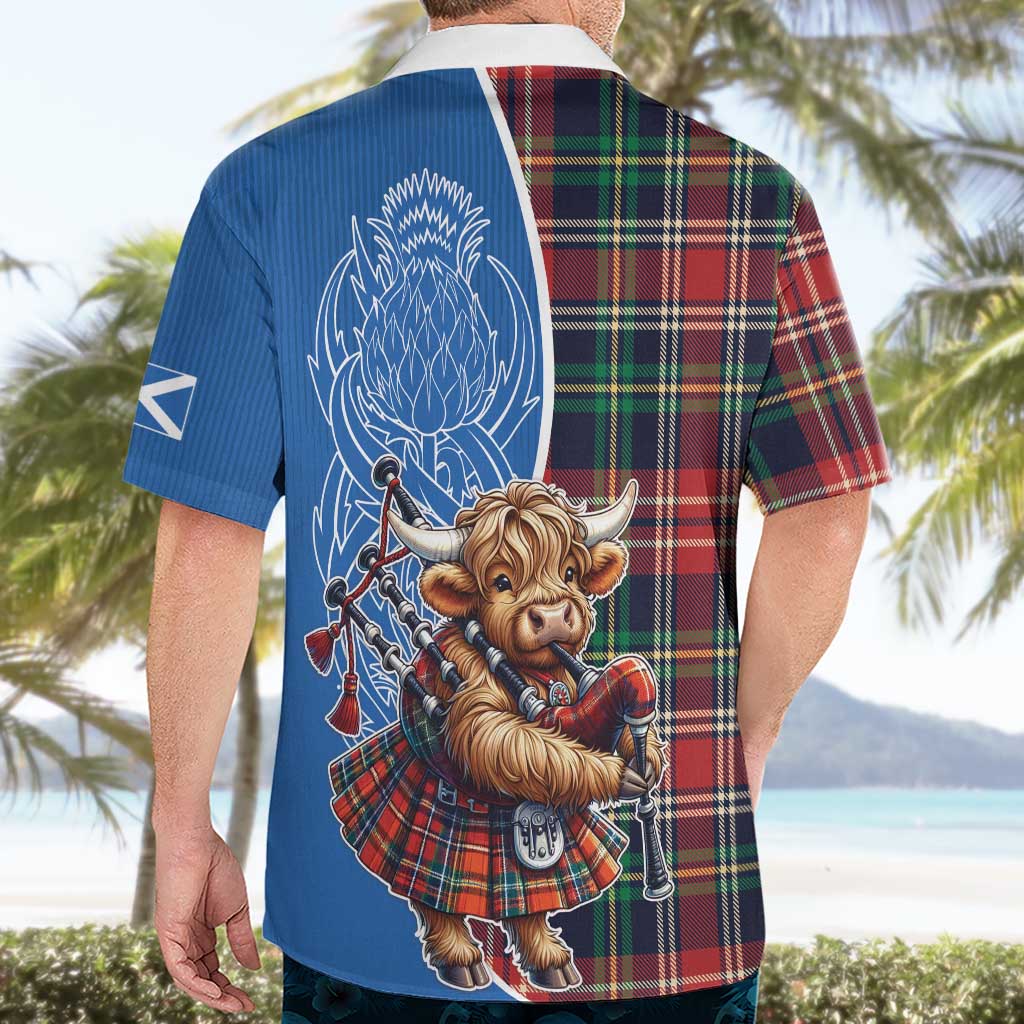 Scottish Tartan Hawaiian Shirt Highland Cow Playing Bagpipes