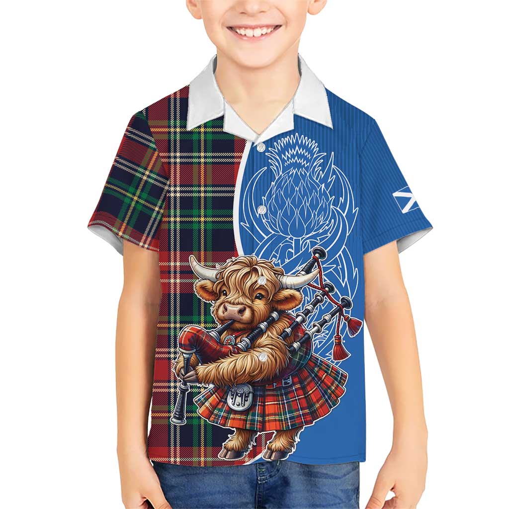 Scottish Tartan Kid Hawaiian Shirt Highland Cow Playing Bagpipes