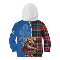 Scottish Tartan Kid Hoodie Highland Cow Playing Bagpipes