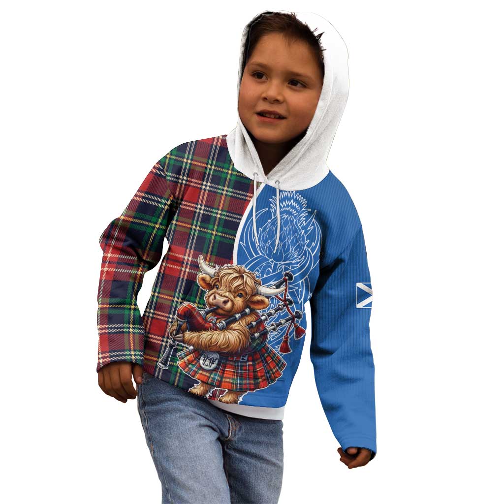 Scottish Tartan Kid Hoodie Highland Cow Playing Bagpipes