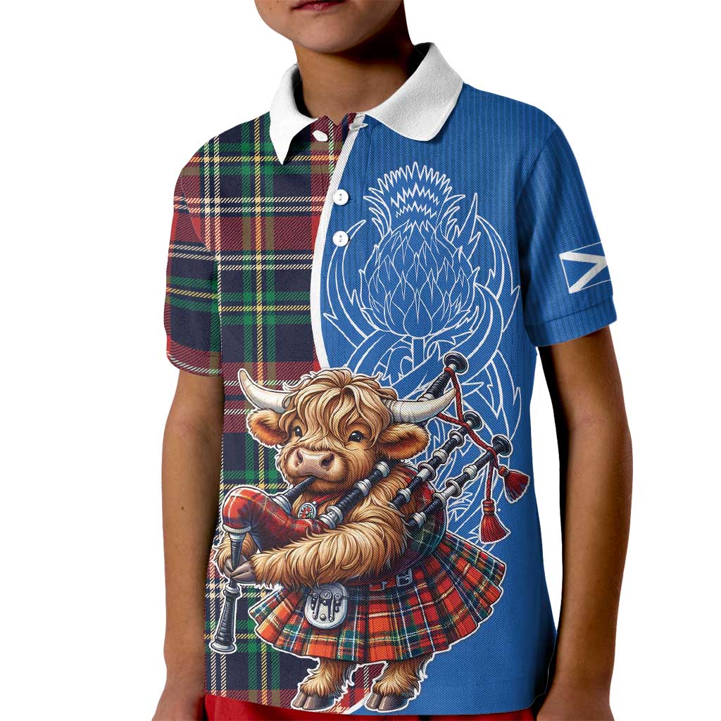 Scottish Tartan Kid Polo Shirt Highland Cow Playing Bagpipes