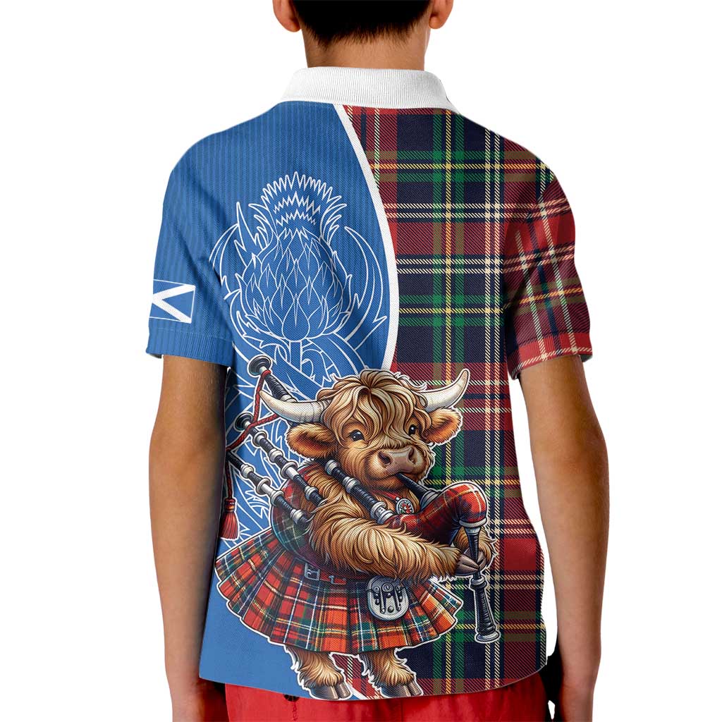 Scottish Tartan Kid Polo Shirt Highland Cow Playing Bagpipes