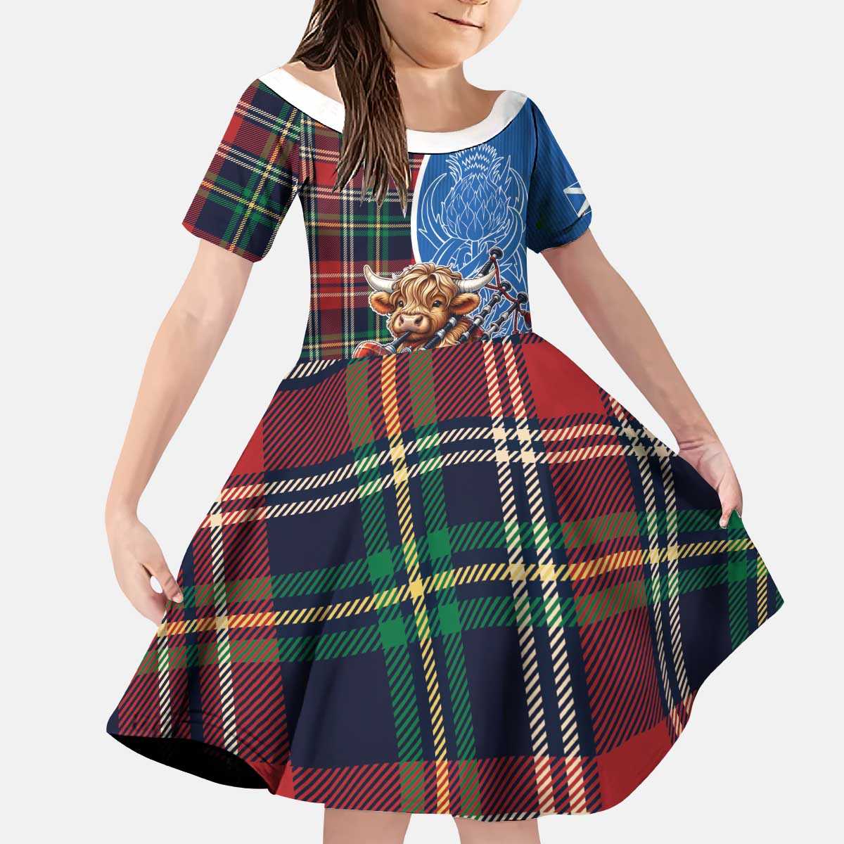 Scottish Tartan Kid Short Sleeve Dress Highland Cow Playing Bagpipes