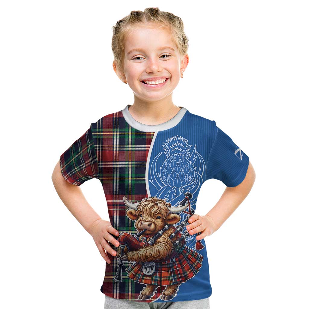 Scottish Tartan Kid T Shirt Highland Cow Playing Bagpipes