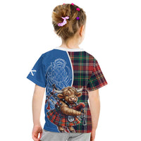 Scottish Tartan Kid T Shirt Highland Cow Playing Bagpipes