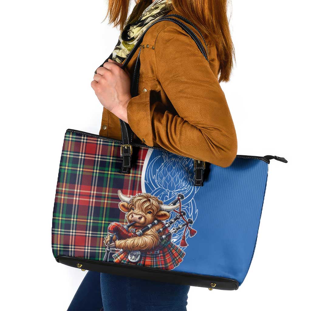 Scottish Tartan Leather Tote Bag Highland Cow Playing Bagpipes