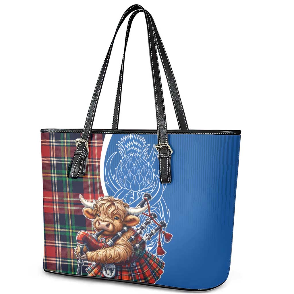 Scottish Tartan Leather Tote Bag Highland Cow Playing Bagpipes