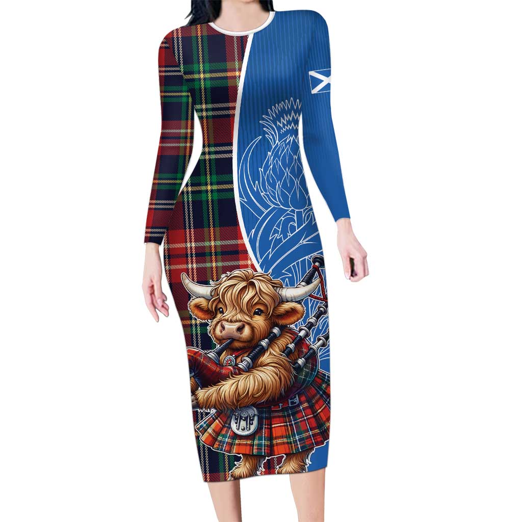 Scottish Tartan Long Sleeve Bodycon Dress Highland Cow Playing Bagpipes