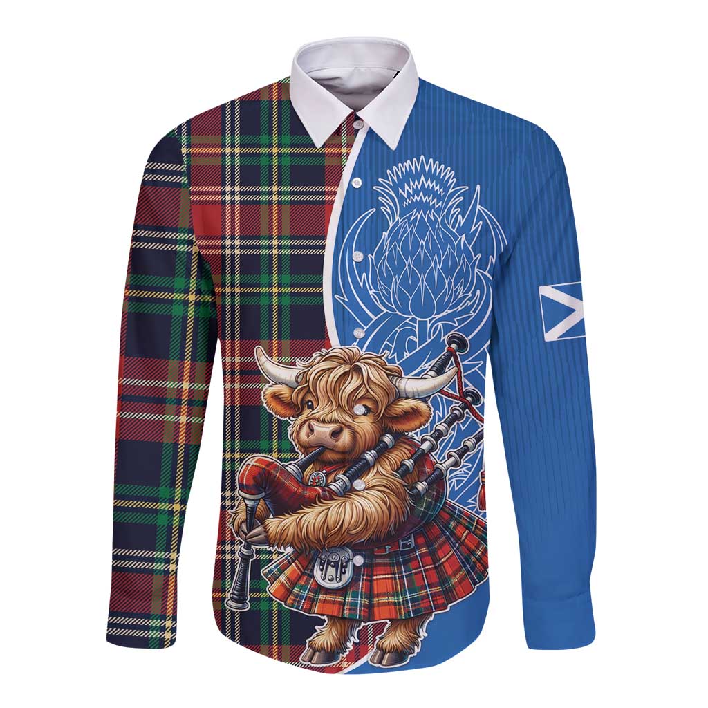 Scottish Tartan Long Sleeve Button Shirt Highland Cow Playing Bagpipes