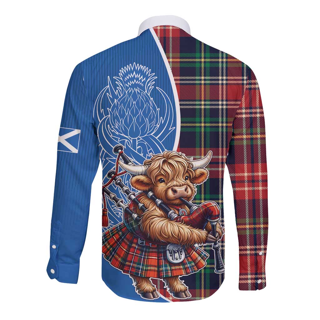 Scottish Tartan Long Sleeve Button Shirt Highland Cow Playing Bagpipes