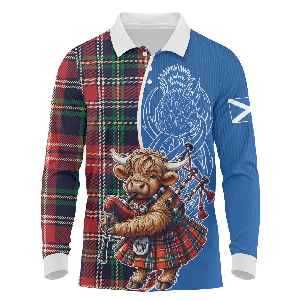 Scottish Tartan Long Sleeve Polo Shirt Highland Cow Playing Bagpipes