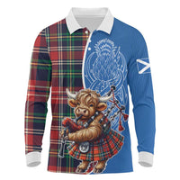 Scottish Tartan Long Sleeve Polo Shirt Highland Cow Playing Bagpipes