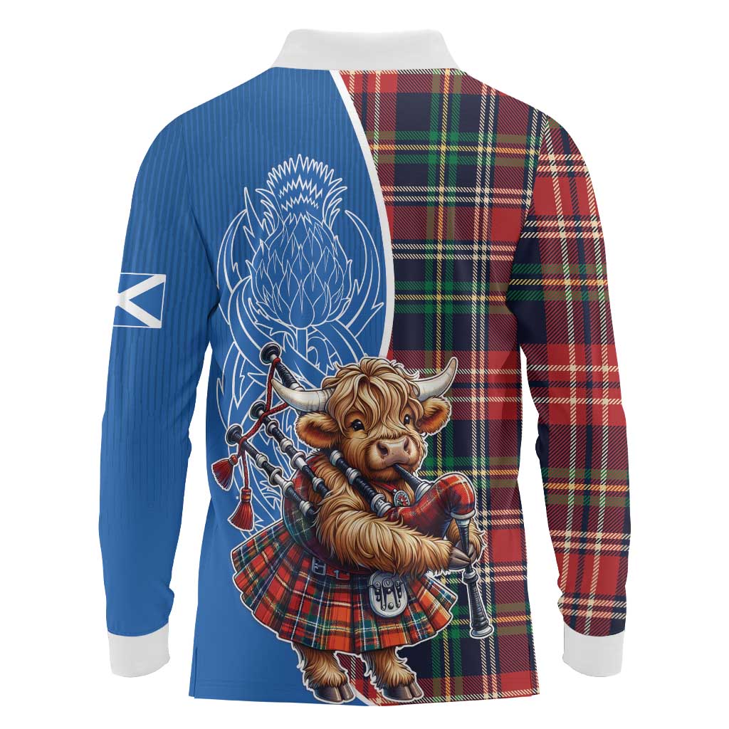 Scottish Tartan Long Sleeve Polo Shirt Highland Cow Playing Bagpipes