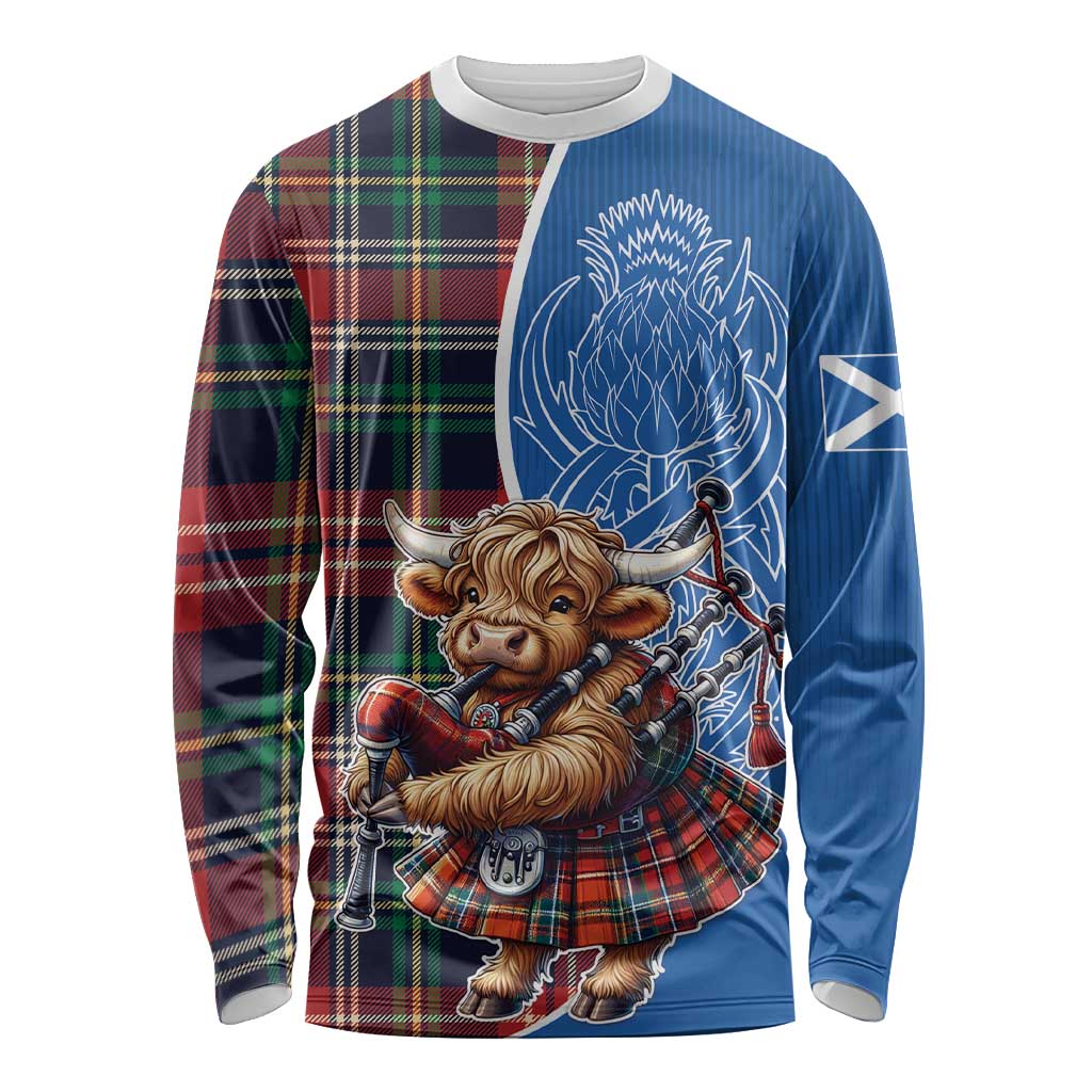Scottish Tartan Long Sleeve Shirt Highland Cow Playing Bagpipes