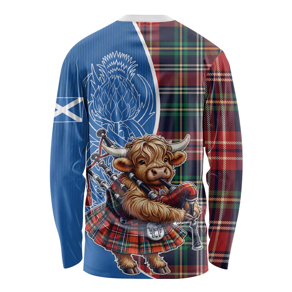 Scottish Tartan Long Sleeve Shirt Highland Cow Playing Bagpipes