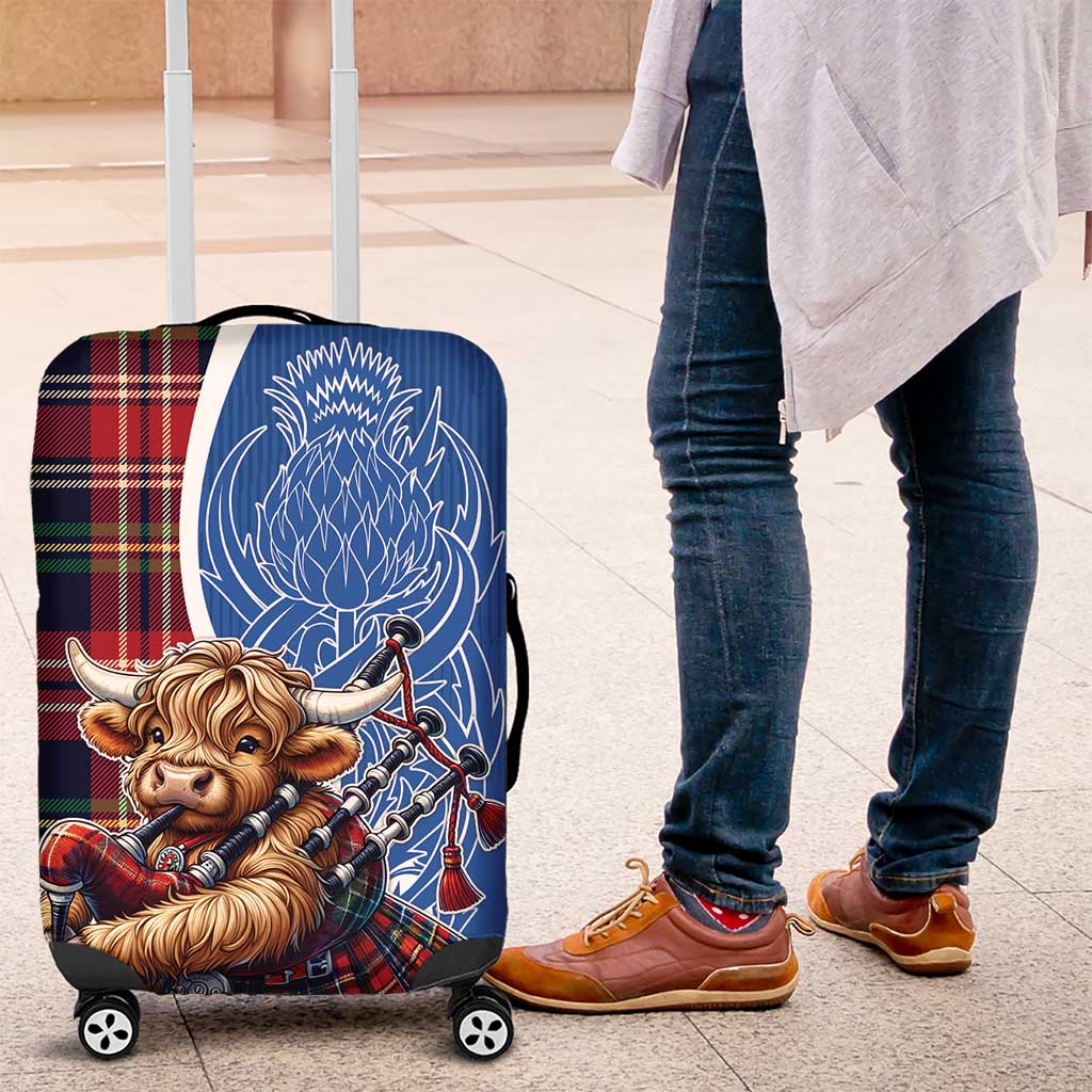 Scottish Tartan Luggage Cover Highland Cow Playing Bagpipes