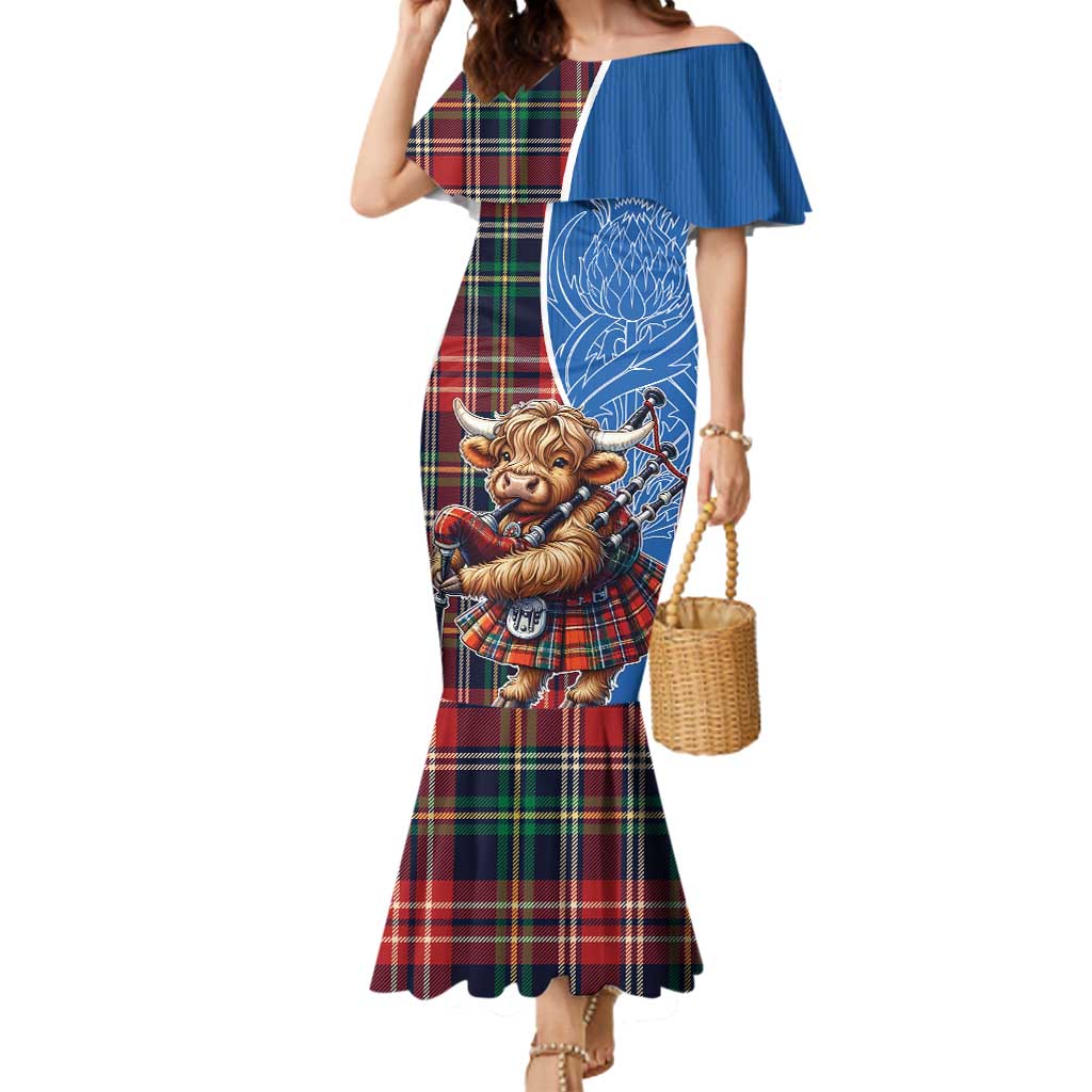 Scottish Tartan Mermaid Dress Highland Cow Playing Bagpipes