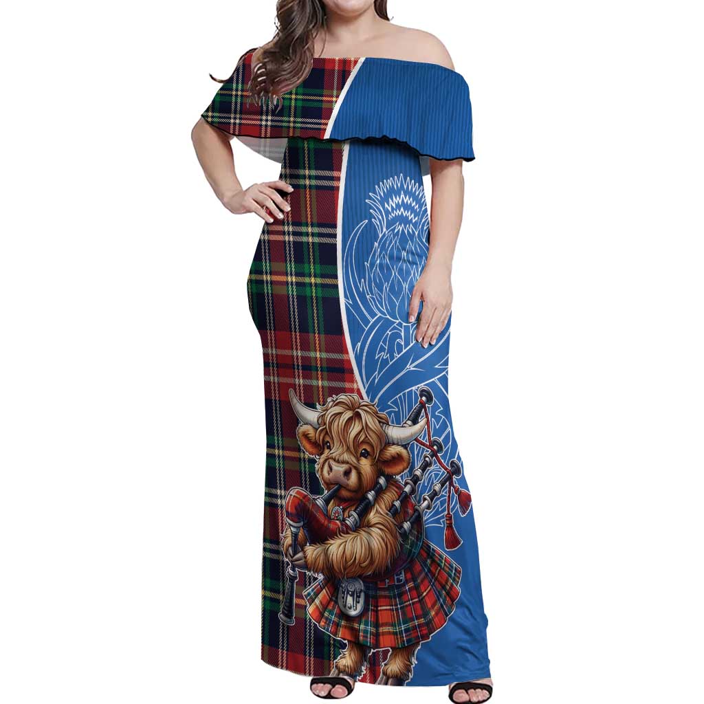 Scottish Tartan Off Shoulder Maxi Dress Highland Cow Playing Bagpipes