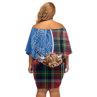 Scottish Tartan Off Shoulder Short Dress Highland Cow Playing Bagpipes