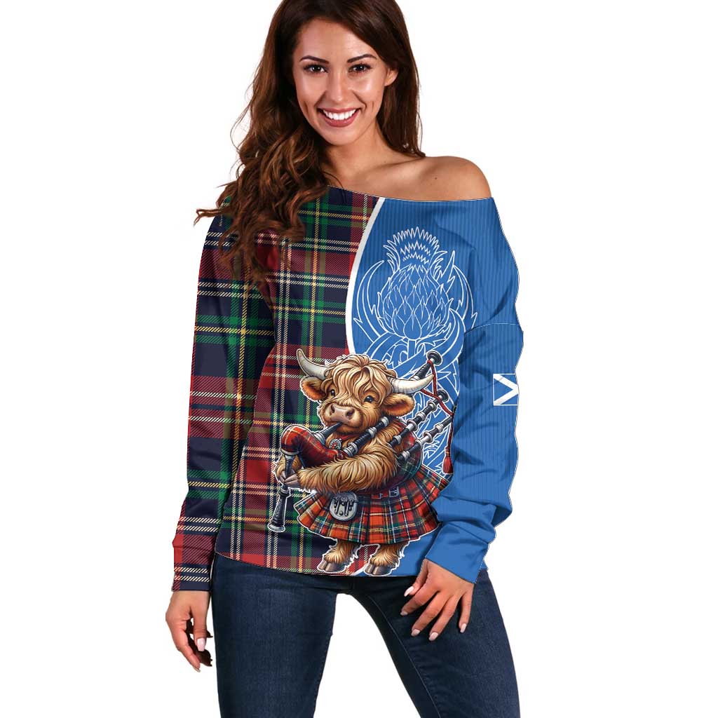 Scottish Tartan Off Shoulder Sweater Highland Cow Playing Bagpipes