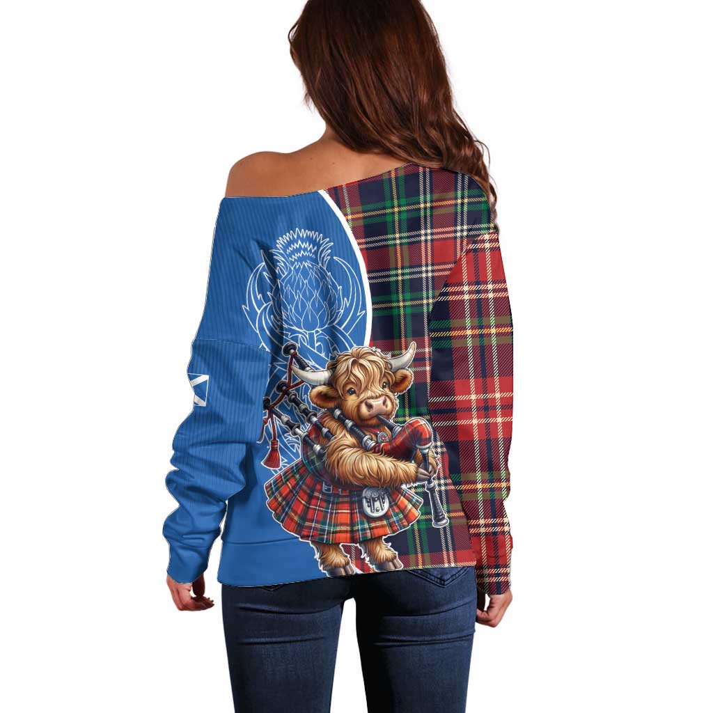 Scottish Tartan Off Shoulder Sweater Highland Cow Playing Bagpipes