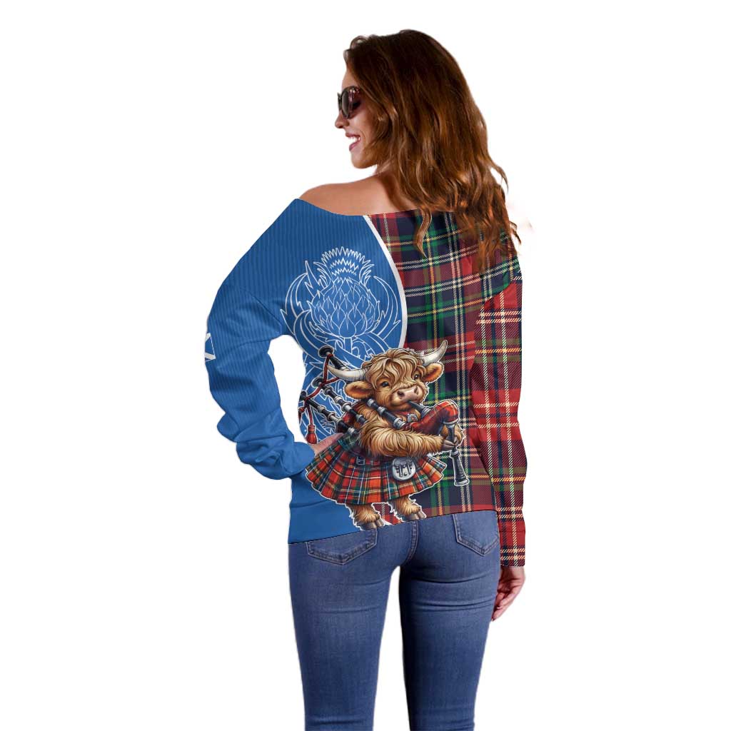 Scottish Tartan Off Shoulder Sweater Highland Cow Playing Bagpipes