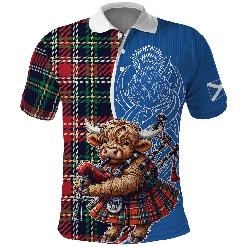 Scottish Tartan Polo Shirt Highland Cow Playing Bagpipes