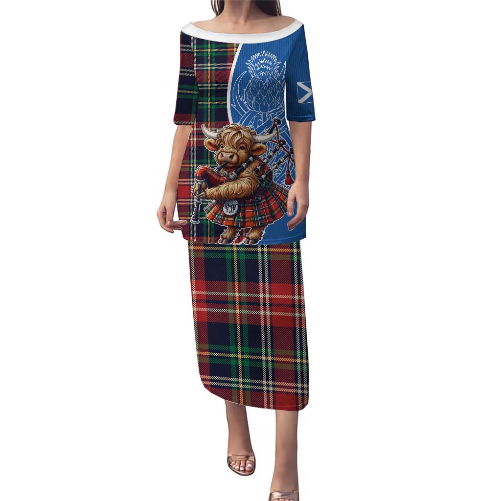 Scottish Tartan Puletasi Highland Cow Playing Bagpipes