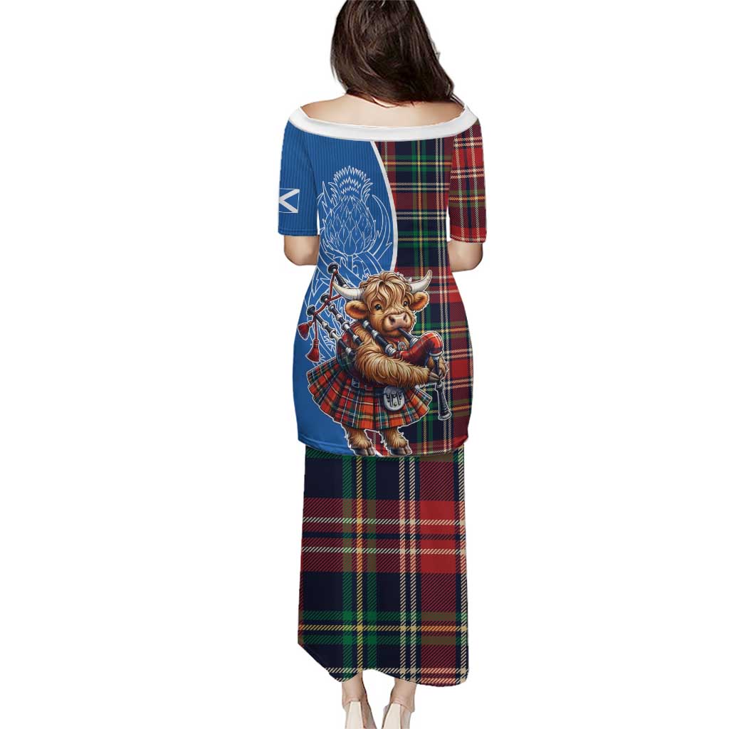 Scottish Tartan Puletasi Highland Cow Playing Bagpipes