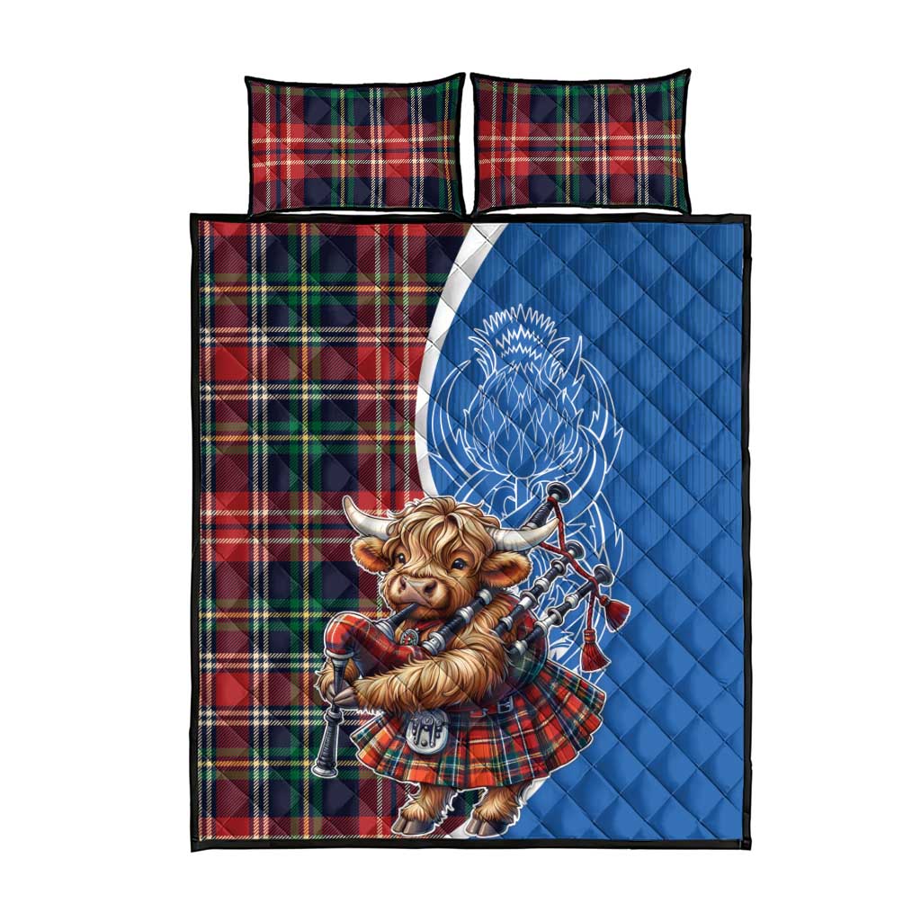 Scottish Tartan Quilt Bed Set Highland Cow Playing Bagpipes