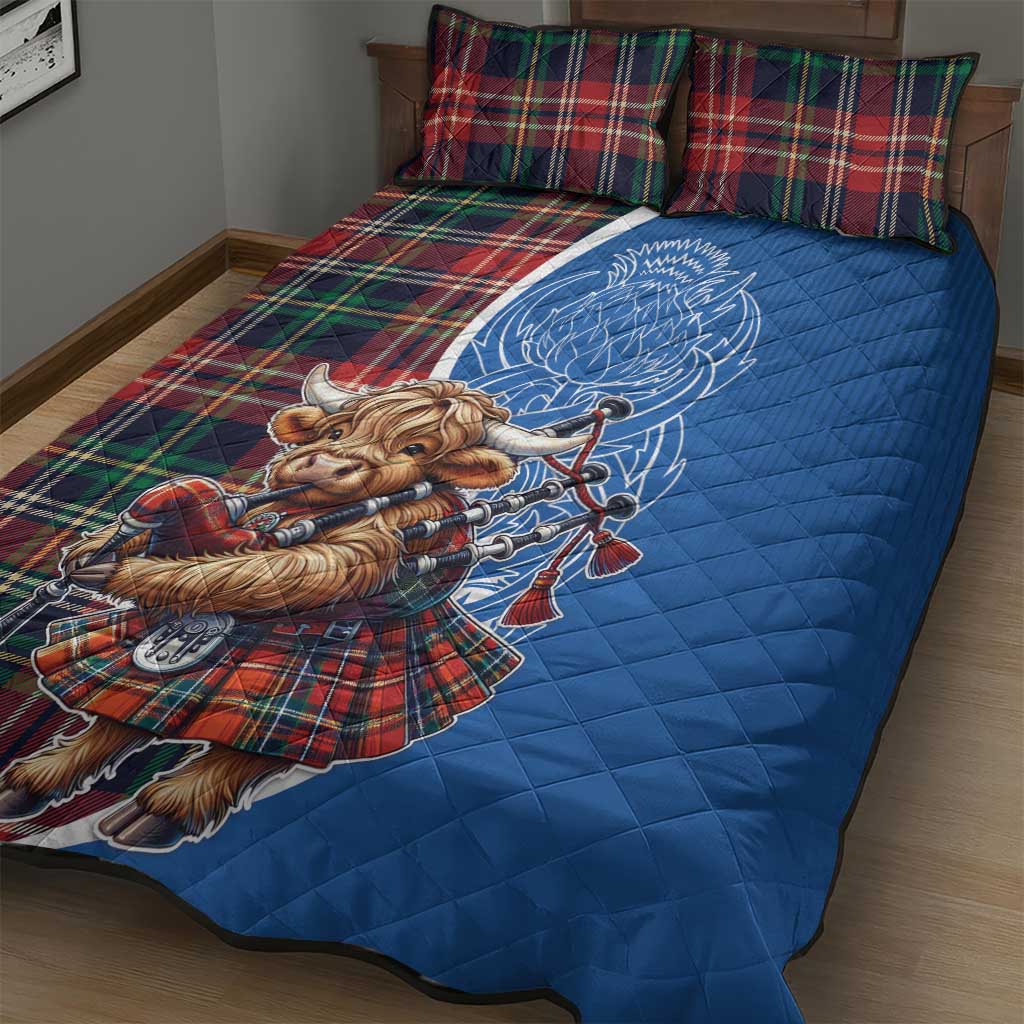 Scottish Tartan Quilt Bed Set Highland Cow Playing Bagpipes