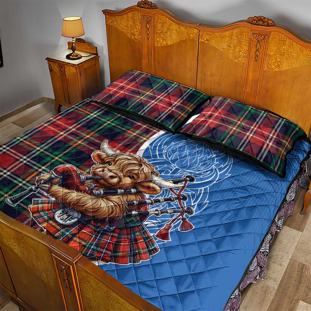 Scottish Tartan Quilt Bed Set Highland Cow Playing Bagpipes