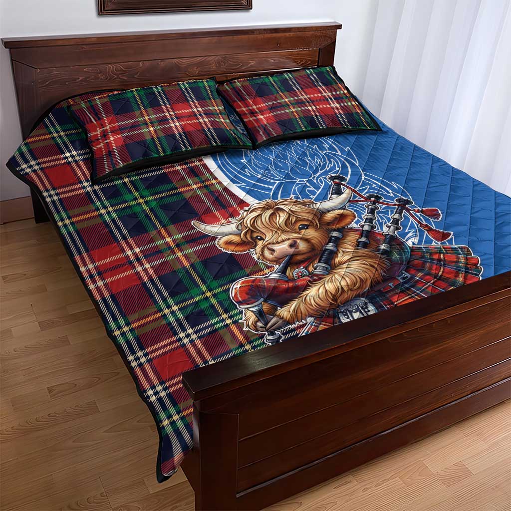 Scottish Tartan Quilt Bed Set Highland Cow Playing Bagpipes
