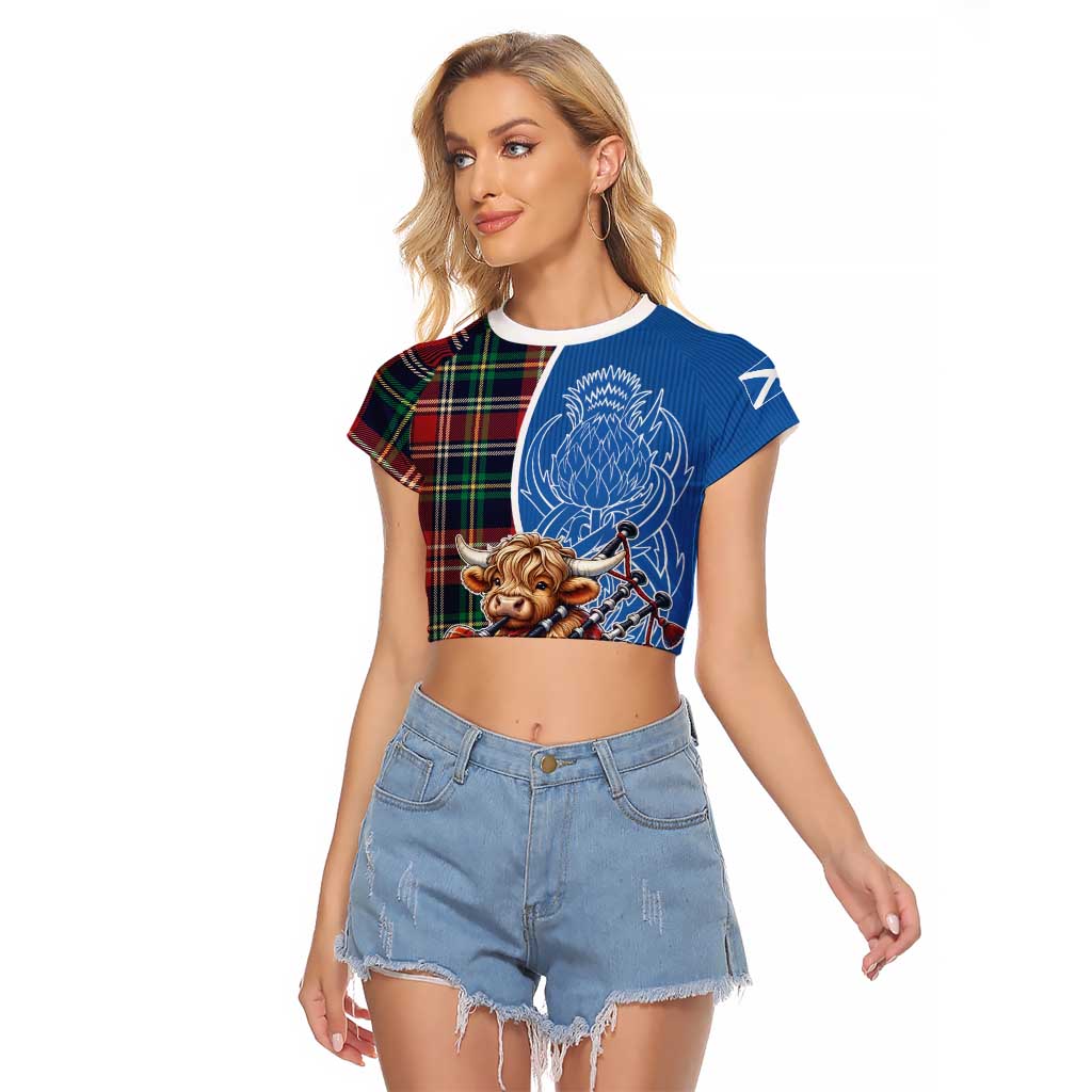 Scottish Tartan Raglan Cropped T Shirt Highland Cow Playing Bagpipes