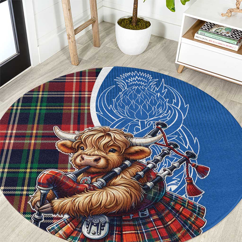Scottish Tartan Round Carpet Highland Cow Playing Bagpipes