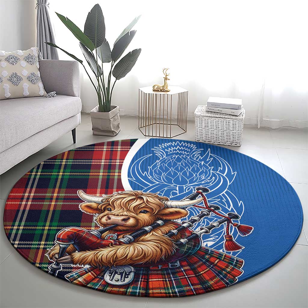 Scottish Tartan Round Carpet Highland Cow Playing Bagpipes