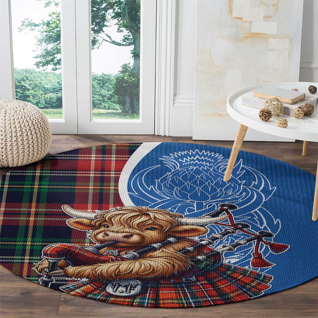 Scottish Tartan Round Carpet Highland Cow Playing Bagpipes
