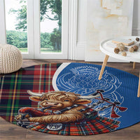 Scottish Tartan Round Carpet Highland Cow Playing Bagpipes