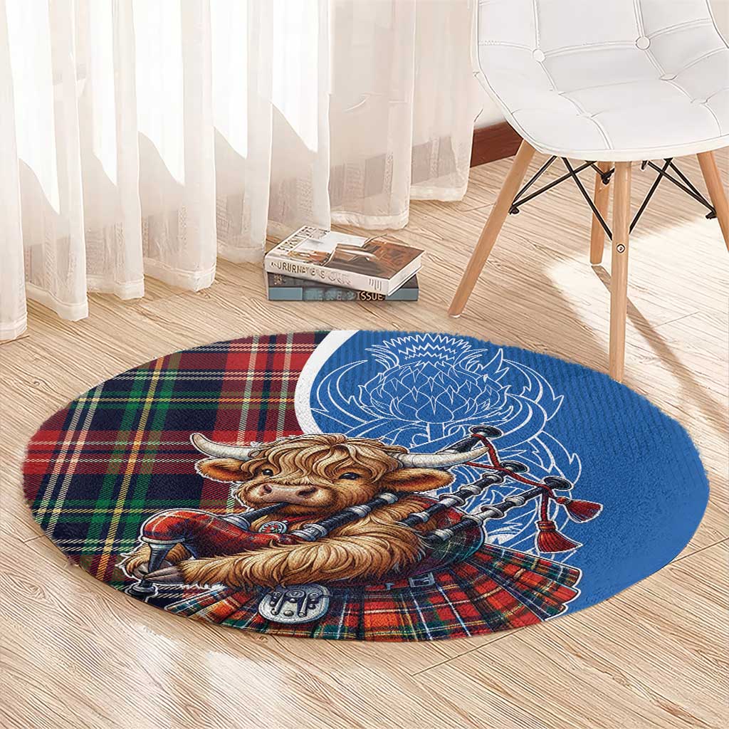 Scottish Tartan Round Carpet Highland Cow Playing Bagpipes