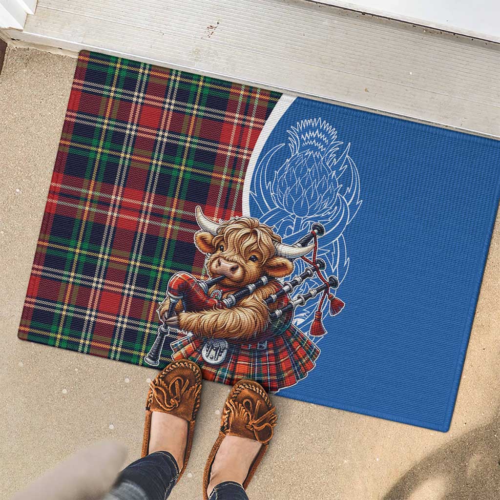 Scottish Tartan Rubber Doormat Highland Cow Playing Bagpipes