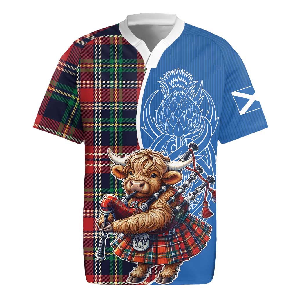 Scottish Tartan Rugby Jersey Highland Cow Playing Bagpipes