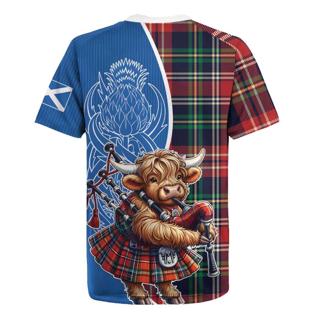 Scottish Tartan Rugby Jersey Highland Cow Playing Bagpipes