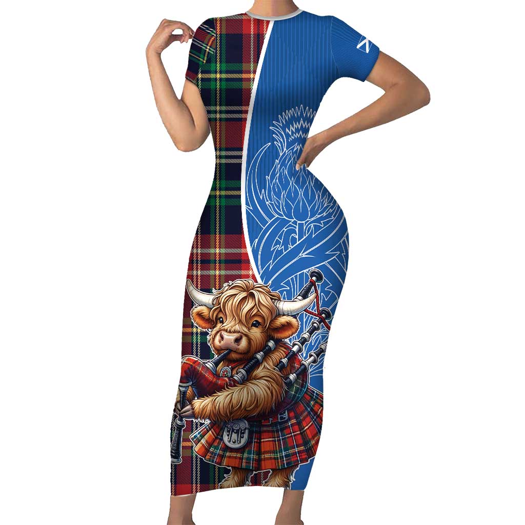 Scottish Tartan Short Sleeve Bodycon Dress Highland Cow Playing Bagpipes