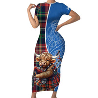 Scottish Tartan Short Sleeve Bodycon Dress Highland Cow Playing Bagpipes