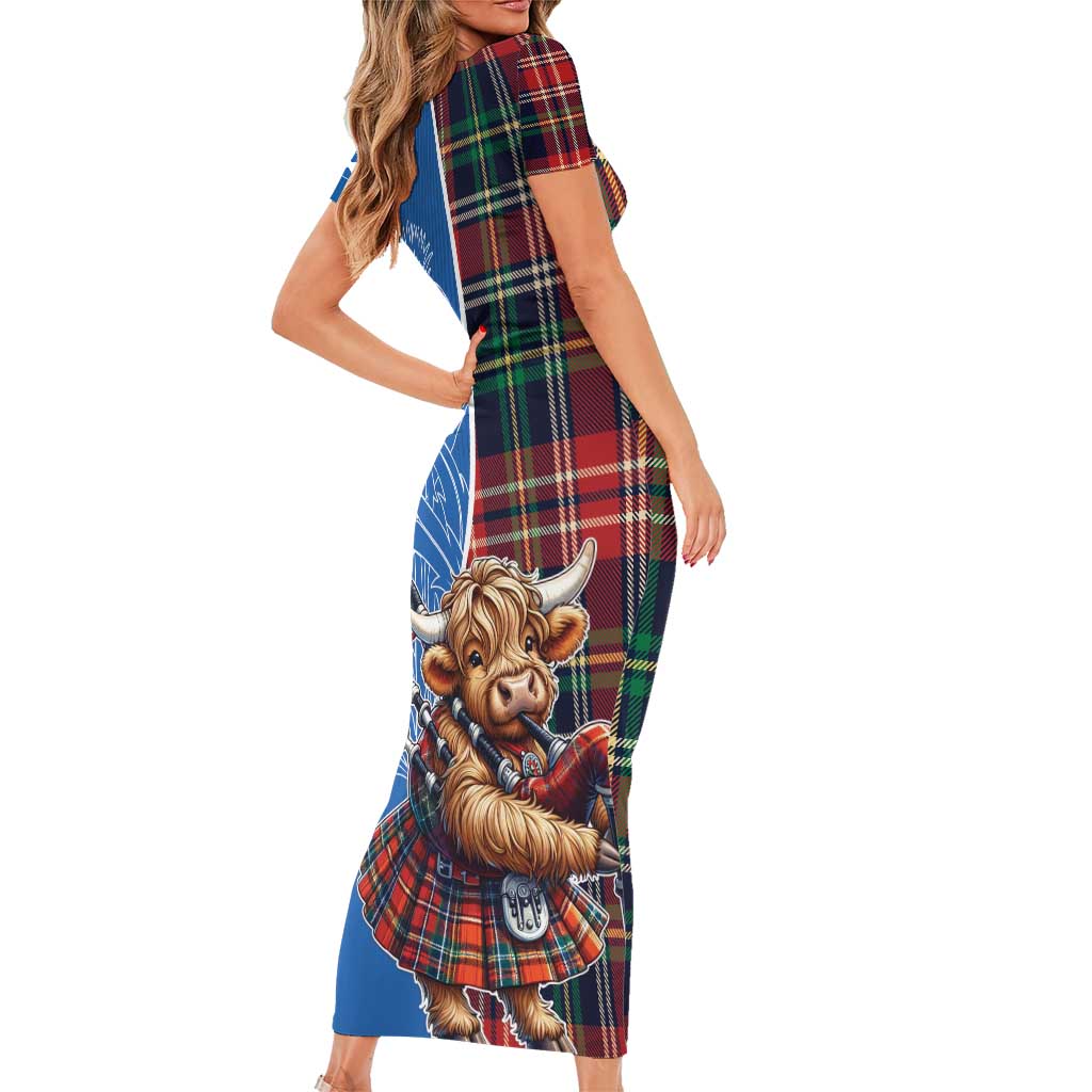 Scottish Tartan Short Sleeve Bodycon Dress Highland Cow Playing Bagpipes
