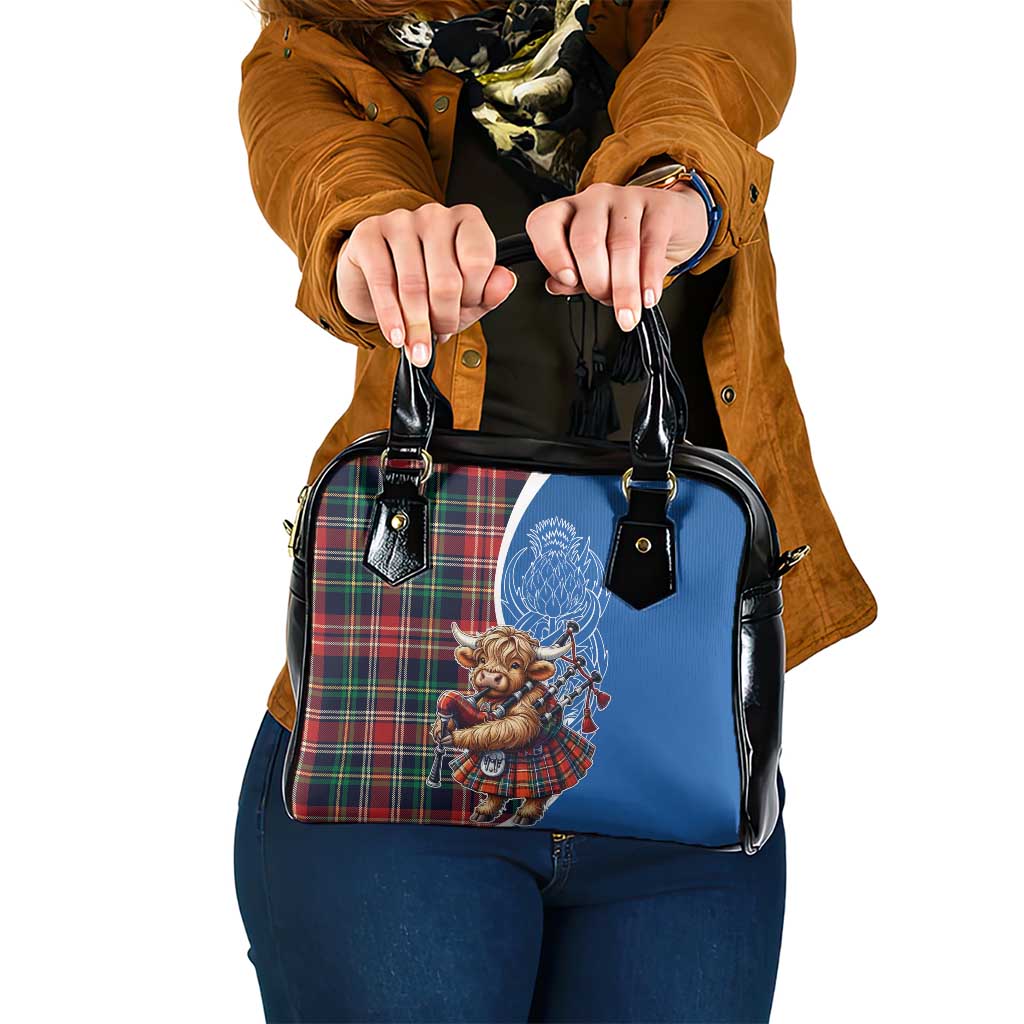 Scottish Tartan Shoulder Handbag Highland Cow Playing Bagpipes