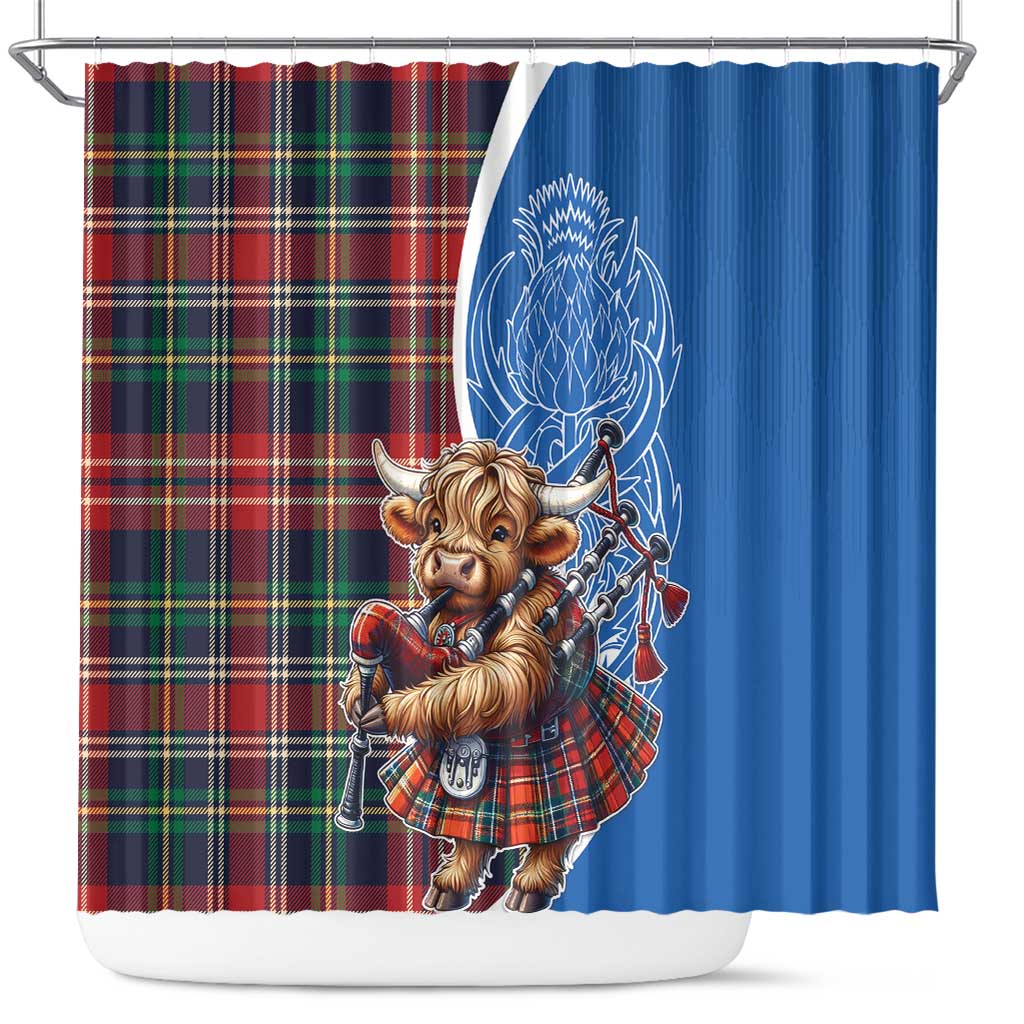 Scottish Tartan Shower Curtain Highland Cow Playing Bagpipes