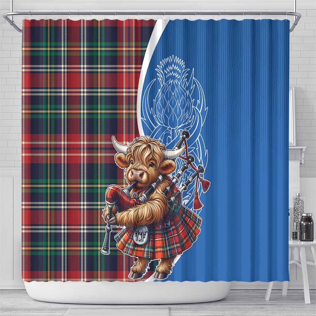 Scottish Tartan Shower Curtain Highland Cow Playing Bagpipes